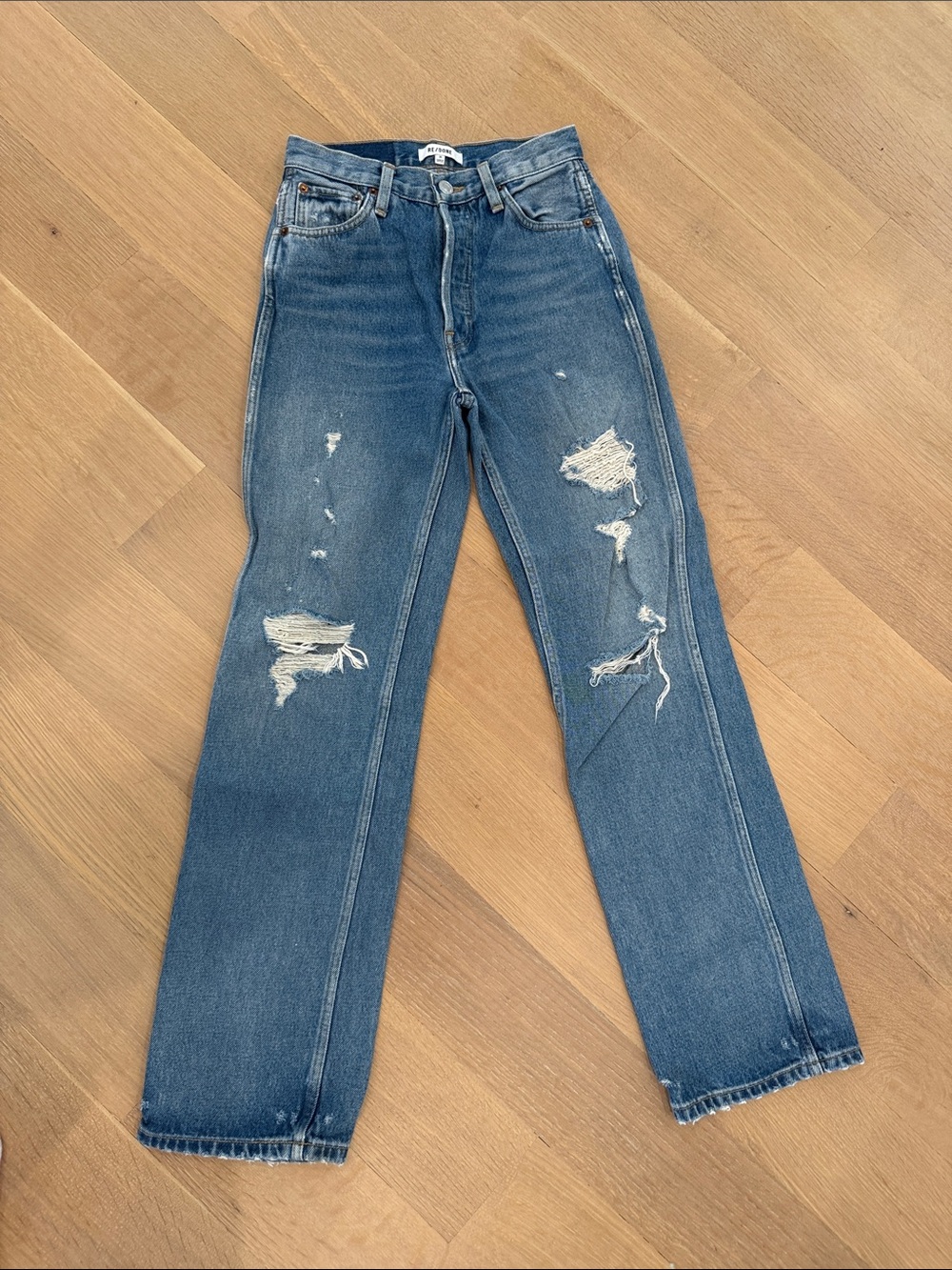Re/Done Distressed Dark Blue Relaxed Jeans
